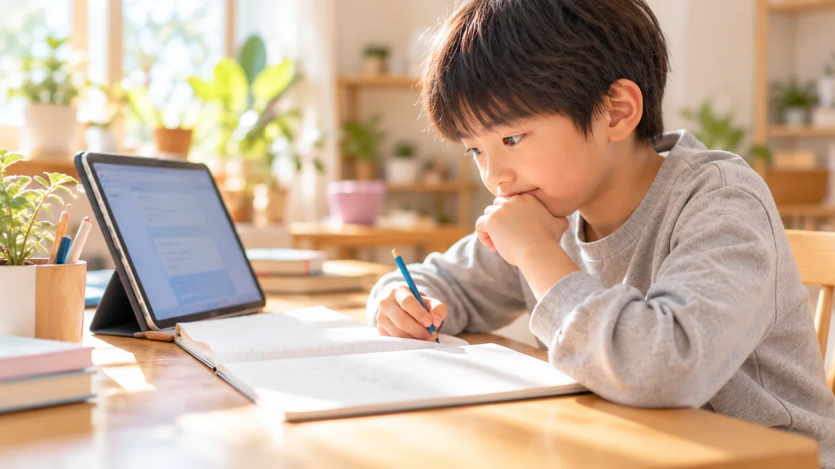 AI時代の子どもとAIの上手なつきあい方のイメージ。ノートに自分の考えを書いてから、タブレットのAIと比べる子ども