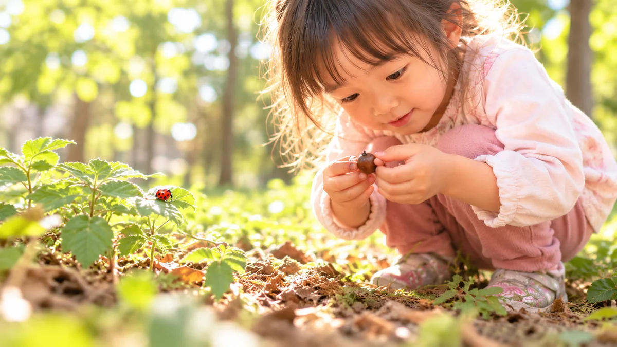 幼児期の五感で学ぶ体験のイメージ。外で土にふれ、木の実やてんとう虫を観察する子ども